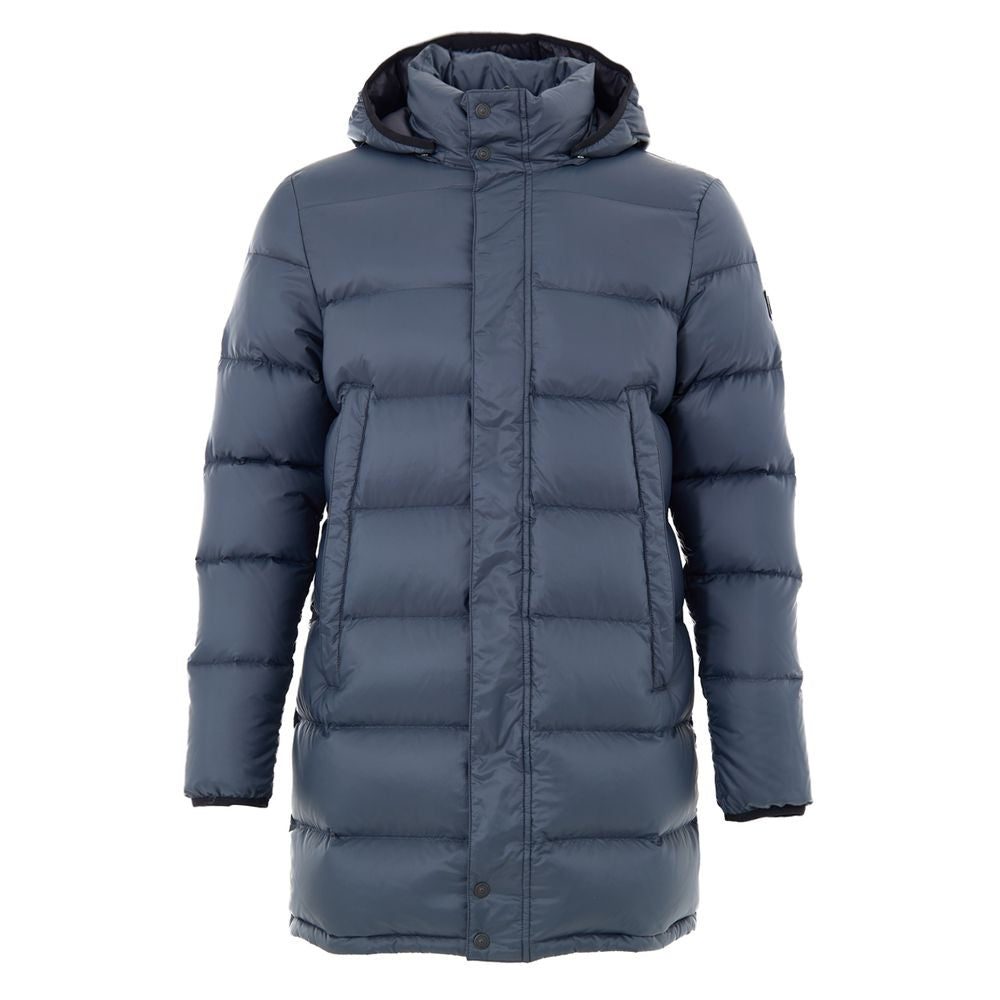 Hooded Puffer Jacket by Moose Knuckles for men in nylon cotton gray features an contemporary silhouette, showcasing a sophisticated hooded neckline and contemporary pockets, hooded & insulated for a truly refined look.
