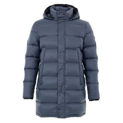 Hooded Puffer Jacket by Moose Knuckles for men in nylon cotton gray features an contemporary silhouette, showcasing a sophisticated hooded neckline and contemporary pockets, hooded & insulated for a truly refined look.