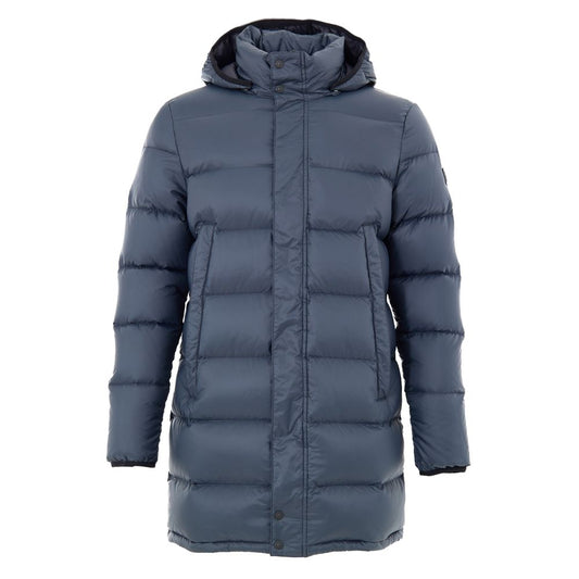 Hooded Puffer Jacket by Moose Knuckles for men in nylon cotton gray features an contemporary silhouette, showcasing a sophisticated hooded neckline and contemporary pockets, hooded & insulated for a truly refined look.