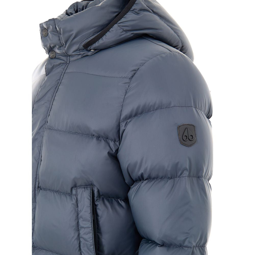 Hooded Puffer Jacket by Moose Knuckles for men in nylon cotton gray features a dramatic silhouette, showcasing a sophisticated hooded neckline and distinctive pockets, hooded & insulated for a dramatic aesthetic.