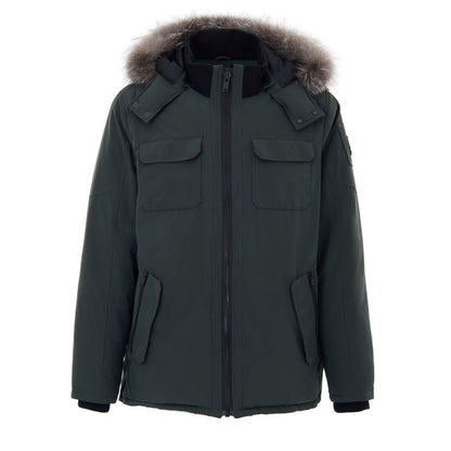 This Hooded Parka by Moose Knuckles for men in cotton nylon & fox fur green presents a utilitarian silhouette, meticulously detailed with pockets, hooded & insulated and a utilitarian hooded neckline for a sophisticated, weather-ready look.