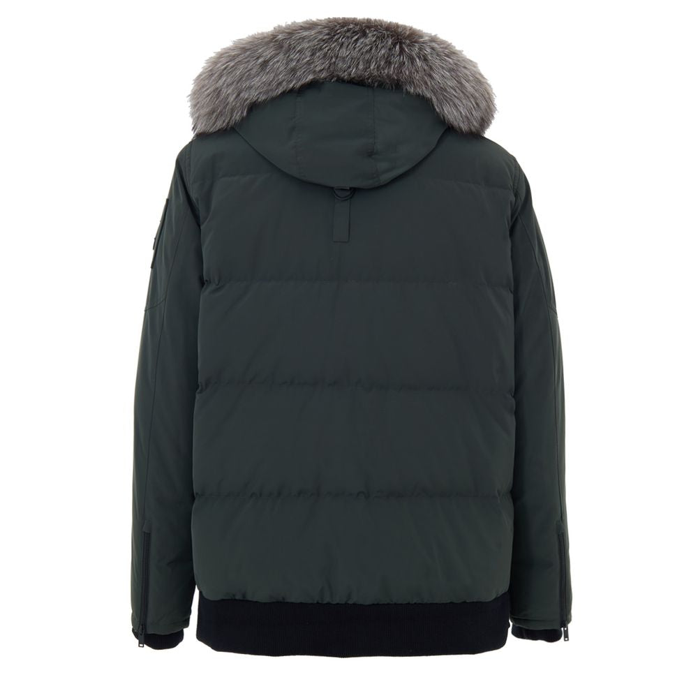 Hooded Parka by Moose Knuckles for men in cotton nylon & fox fur green presents a decadent silhouette, showcasing the decadent hooded neckline and functional pockets, hooded & insulated for a premium, weather-ready look.