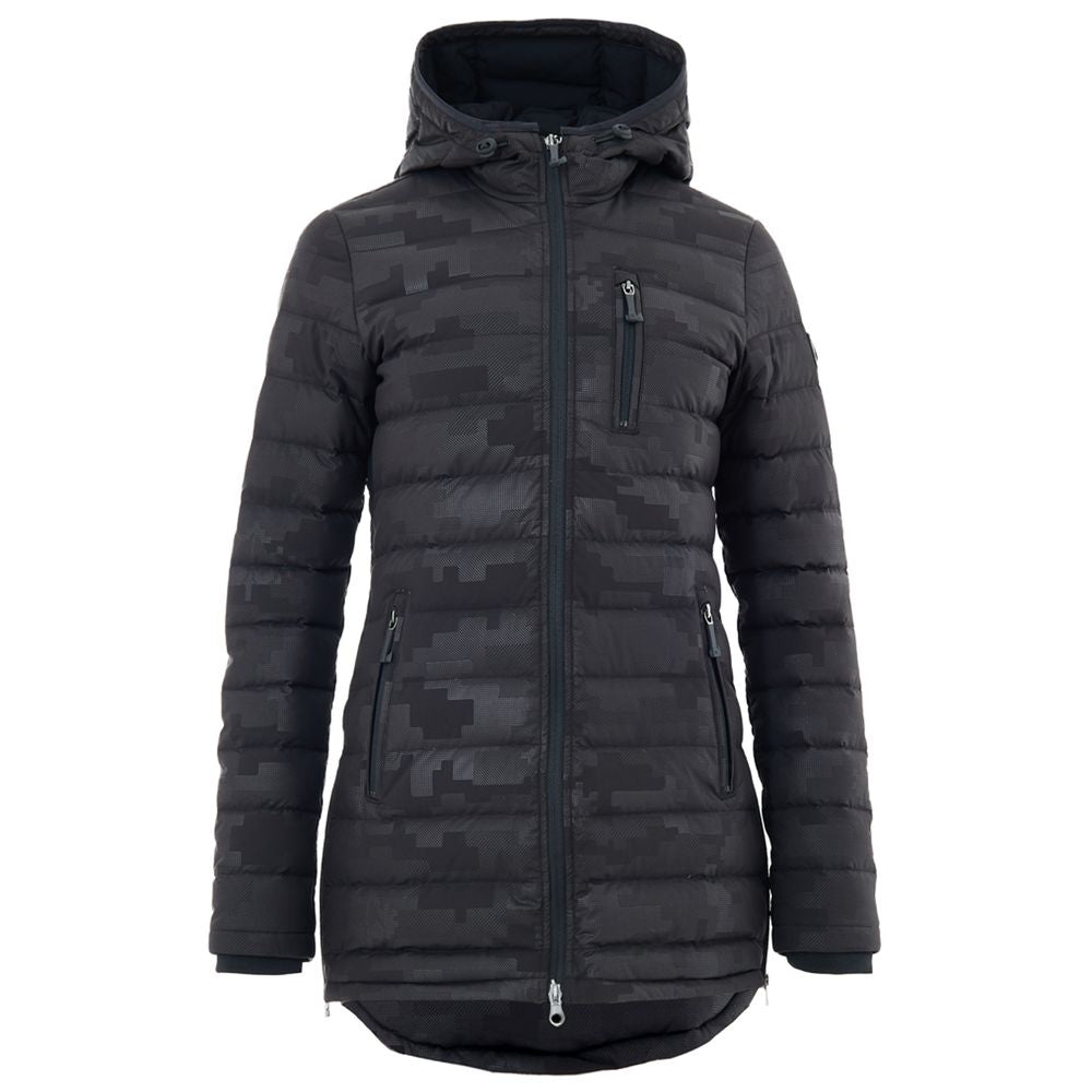 Hooded Puffer Jacket by Moose Knuckles for women in leather cotton & nylon black & print features a city-ready silhouette, detailed with lightweight, pockets, hooded & insulated and a city-ready hooded neckline.