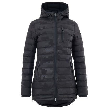Hooded Puffer Jacket by Moose Knuckles for women in leather cotton & nylon black & print features a city-ready silhouette, detailed with lightweight, pockets, hooded & insulated and a city-ready hooded neckline.