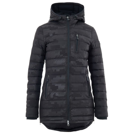 Hooded Puffer Jacket by Moose Knuckles for women in leather cotton & nylon black & print features a city-ready silhouette, detailed with lightweight, pockets, hooded & insulated and a city-ready hooded neckline.