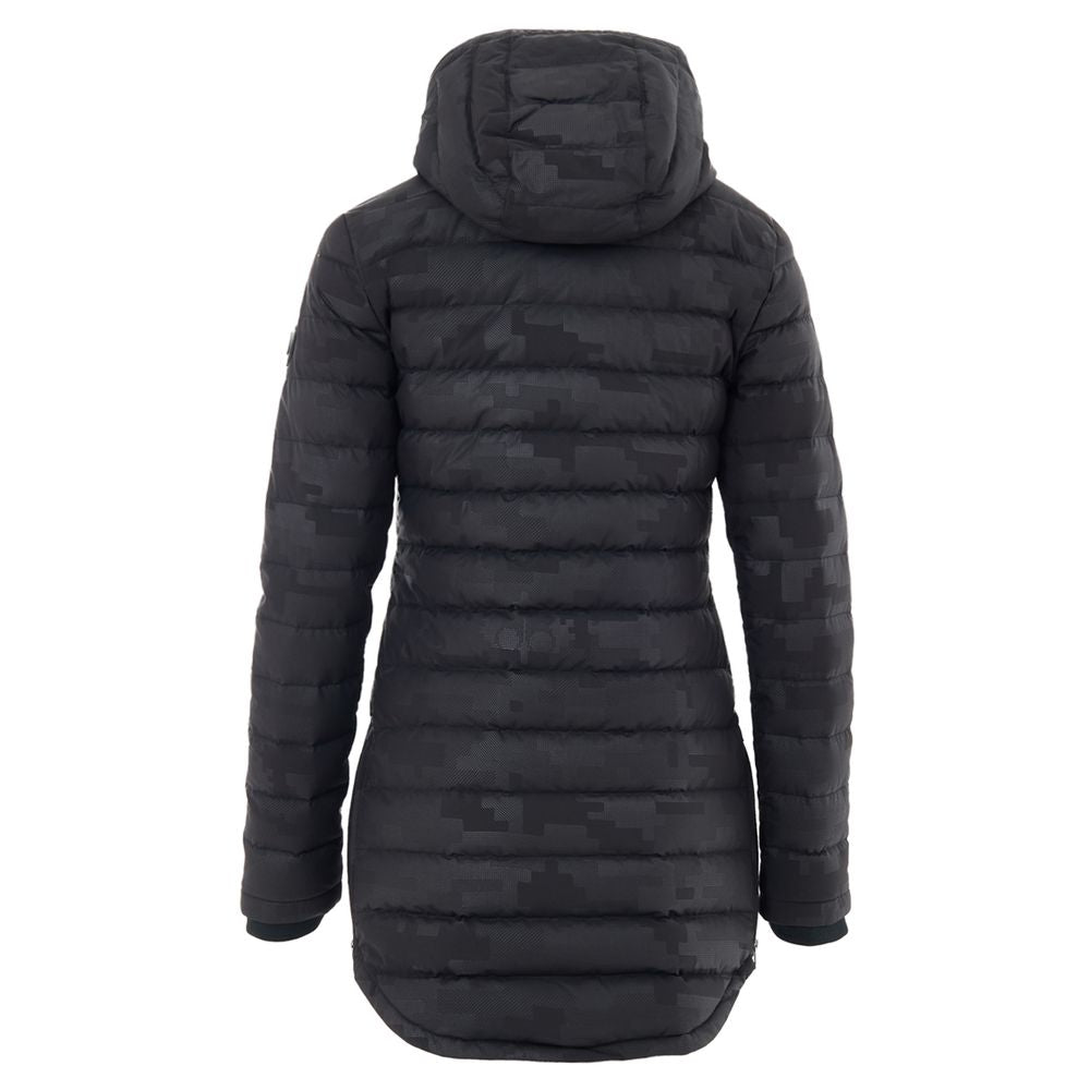 Hooded Puffer Jacket by Moose Knuckles for women in leather cotton & nylon black & print features a dramatic silhouette, showcasing a sophisticated hooded neckline and distinctive lightweight, pockets, hooded & insulated for a dramatic aesthetic.