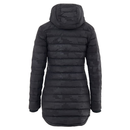 Hooded Puffer Jacket by Moose Knuckles for women in leather cotton & nylon black & print features a dramatic silhouette, showcasing a sophisticated hooded neckline and distinctive lightweight, pockets, hooded & insulated for a dramatic aesthetic.