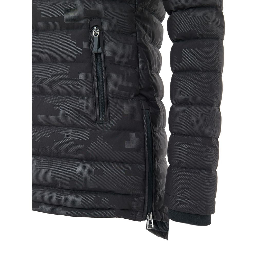Hooded Puffer Jacket by Moose Knuckles for women in leather cotton & nylon black & print showcases a bohemian silhouette, artfully detailed with a bohemian hooded neckline and signature lightweight, pockets, hooded & insulated for a truly bohemian finish.