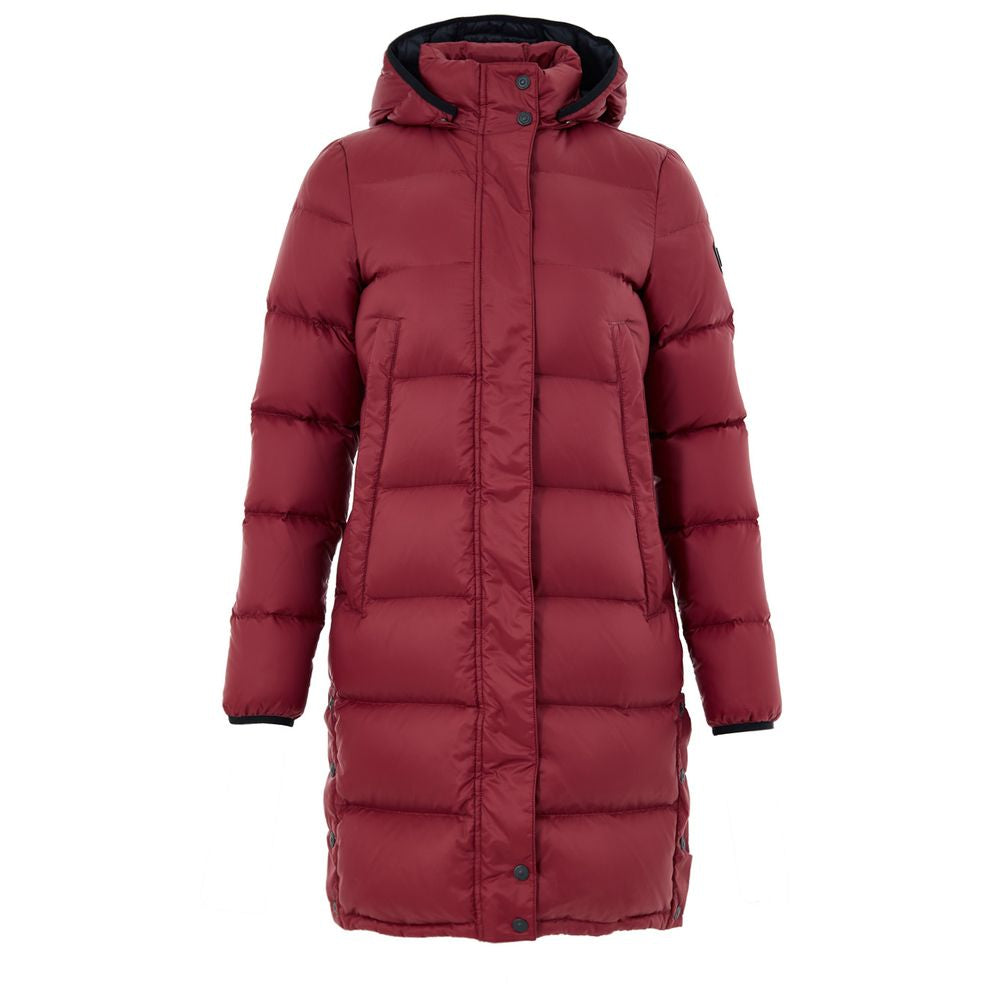 Hooded Puffer Jacket by Moose Knuckles for women in leather cotton & nylon bordeaux features a dramatic silhouette, showcasing a sophisticated hooded neckline and distinctive pockets, hooded & insulated for a dramatic aesthetic.