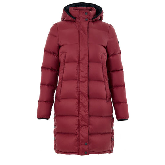 Hooded Puffer Jacket by Moose Knuckles for women in leather cotton & nylon bordeaux features a dramatic silhouette, showcasing a sophisticated hooded neckline and distinctive pockets, hooded & insulated for a dramatic aesthetic.