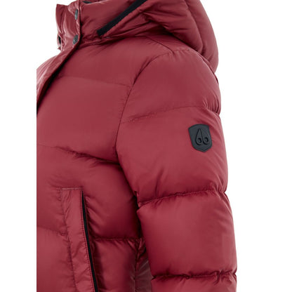 Hooded Puffer Jacket by Moose Knuckles for women in leather cotton & nylon bordeaux showcases a bohemian silhouette, artfully detailed with a bohemian hooded neckline and signature pockets, hooded & insulated for a truly bohemian finish.