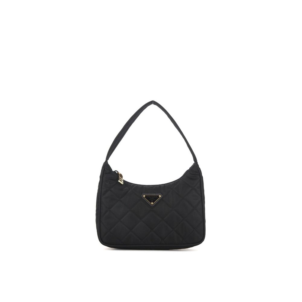Quilted Shoulder Bag by Prada for women in lyocell black showcases a statuesque silhouette, artfully detailed with a secure zipper, organized , and versatile shoulder-strap & handle for a statuesque look.