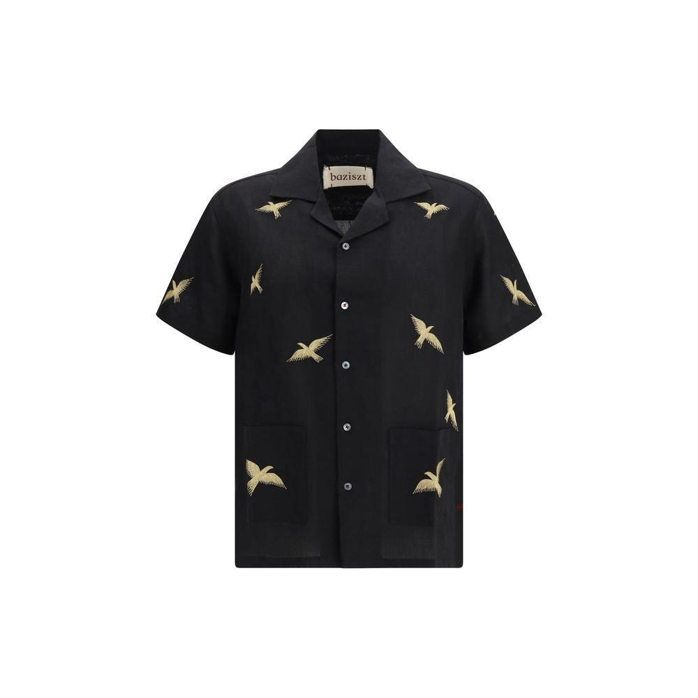 Shirt by Baziszt for men in cotton & hemp black & patterned showcases a sublime silhouette, artfully detailed with a sublime and short-sleeve for a sophisticated, sublime finish.