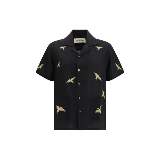 Shirt by Baziszt for men in cotton & hemp black & patterned showcases a sublime silhouette, artfully detailed with a sublime and short-sleeve for a sophisticated, sublime finish.