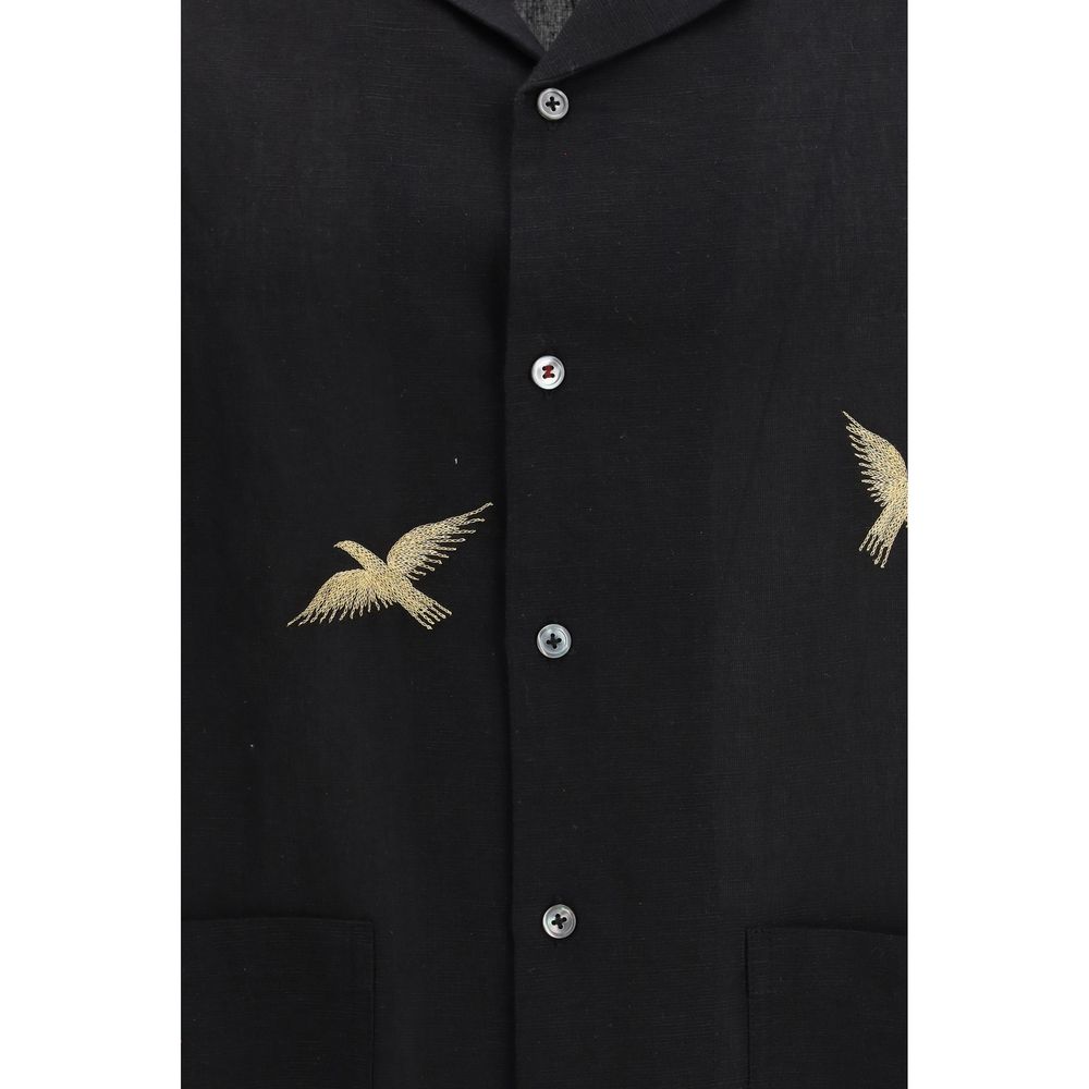 Shirt by Baziszt for men in cotton & hemp black & patterned features an architectural silhouette with a refined and elegant for a architectural look.