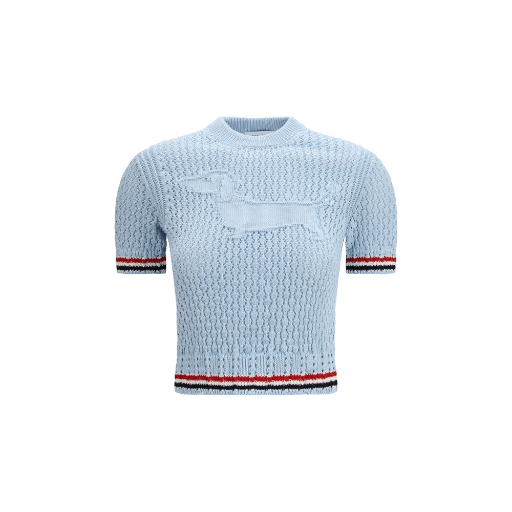 T-Shirt by Thom Browne for women in cotton light-blue, signature & striped showcases a fashionable silhouette, elegantly detailed with a fashionable short-sleeve and crew neckline for a sophisticated, high-fashion look.