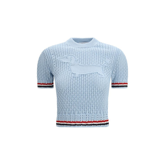 T-Shirt by Thom Browne for women in cotton light-blue, signature & striped showcases a fashionable silhouette, elegantly detailed with a fashionable short-sleeve and crew neckline for a sophisticated, high-fashion look.