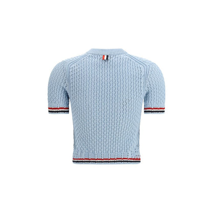 T-Shirt by Thom Browne for women in cotton light-blue, signature & striped features an edgy silhouette, meticulously detailed with a sophisticated and crew neckline for a truly edgy finish.