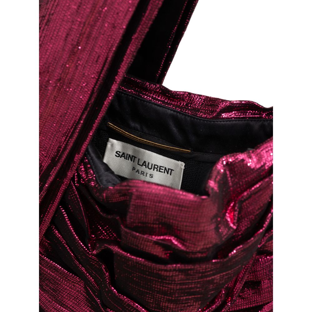 Dress by Saint Laurent for women in viscose & silk fuchsia features a dramatic silhouette, showcasing an elegant halter neckline and that flows into a dramatic short mini.