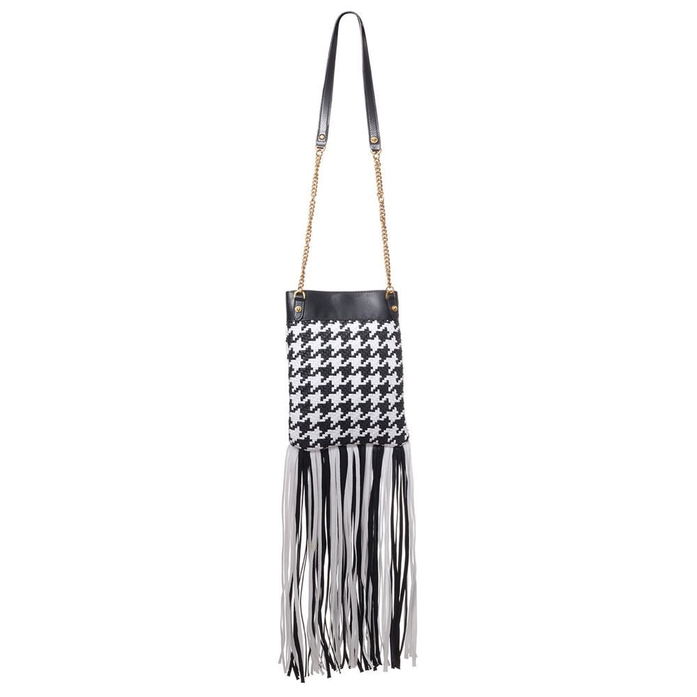 Small Shoulder Bag by Versace for women in leather & textile black, gold & white showcases a statuesque silhouette, artfully detailed with a secure , organized internal-pockets, and versatile shoulder-strap for a statuesque look.