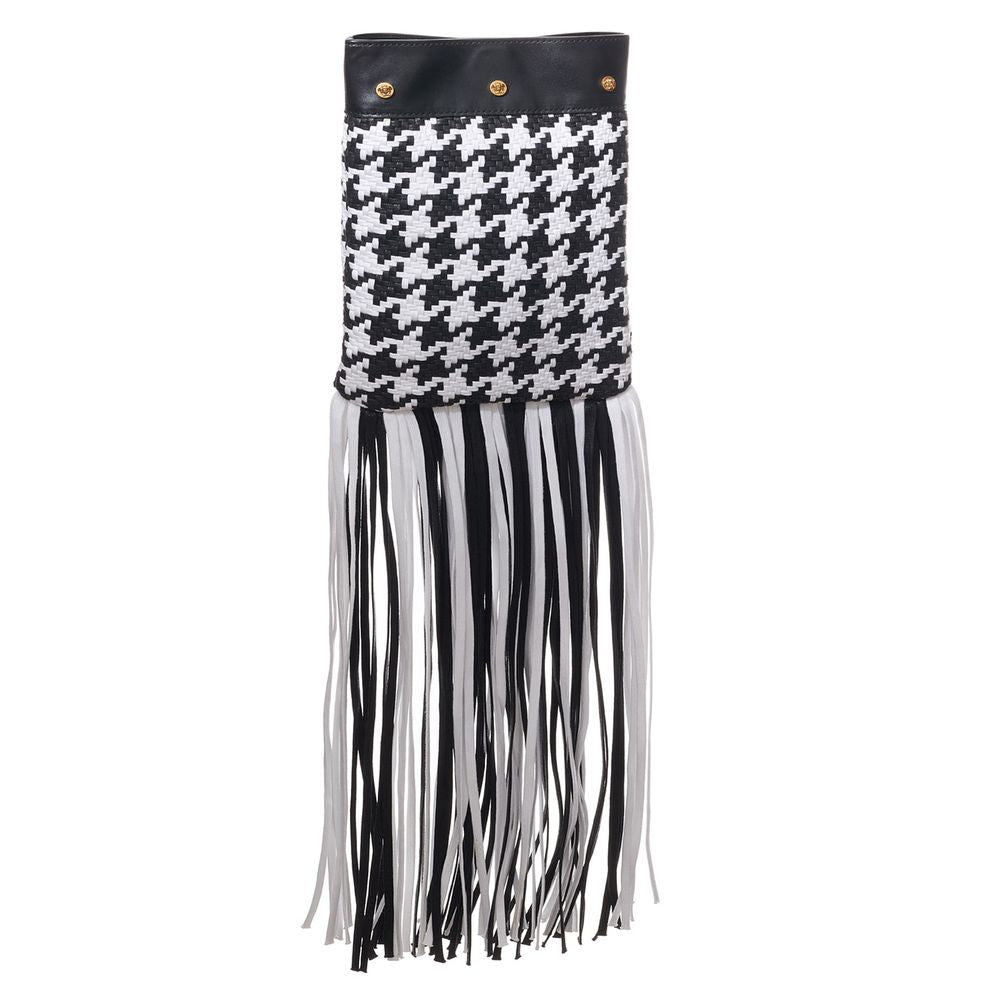 Small Shoulder Bag by Versace for women in leather & textile black, gold & white features a statuesque silhouette, showcasing a secure and statuesque internal-pockets with versatile shoulder-strap for a statuesque finish.