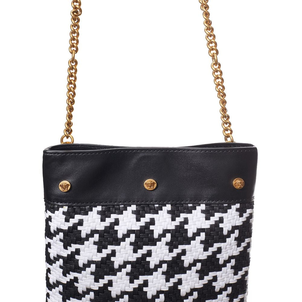 Small Shoulder Bag by Versace for women in leather & textile black, gold & white features an effortlessly chic silhouette with a secure , ample internal-pockets, and versatile shoulder-strap for effortlessly chic everyday luxury.