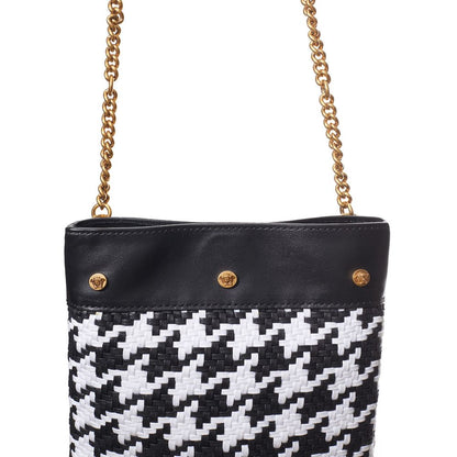 Small Shoulder Bag by Versace for women in leather & textile black, gold & white features an effortlessly chic silhouette with a secure , ample internal-pockets, and versatile shoulder-strap for effortlessly chic everyday luxury.