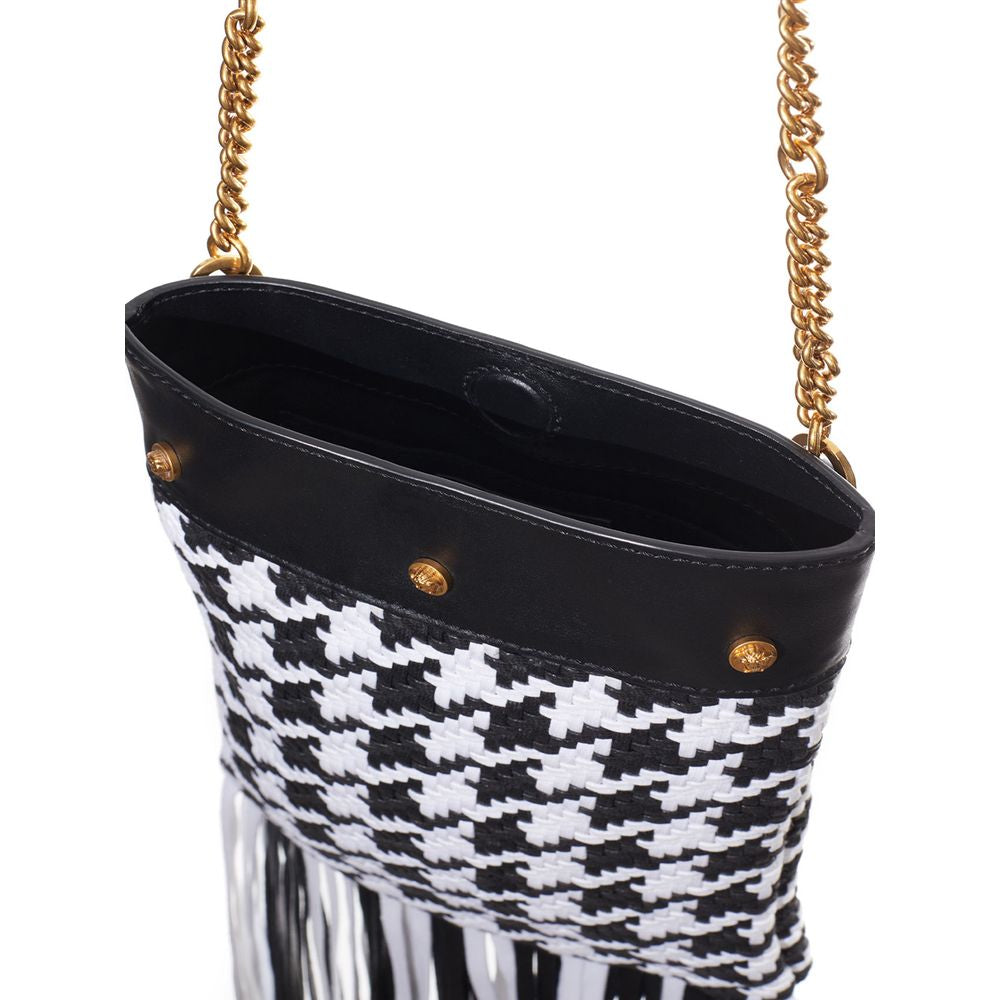 Small Shoulder Bag by Versace for women in leather & textile black, gold & white features a stately silhouette, showcasing a secure , ample internal-pockets, and stately shoulder-strap for a stately finish.