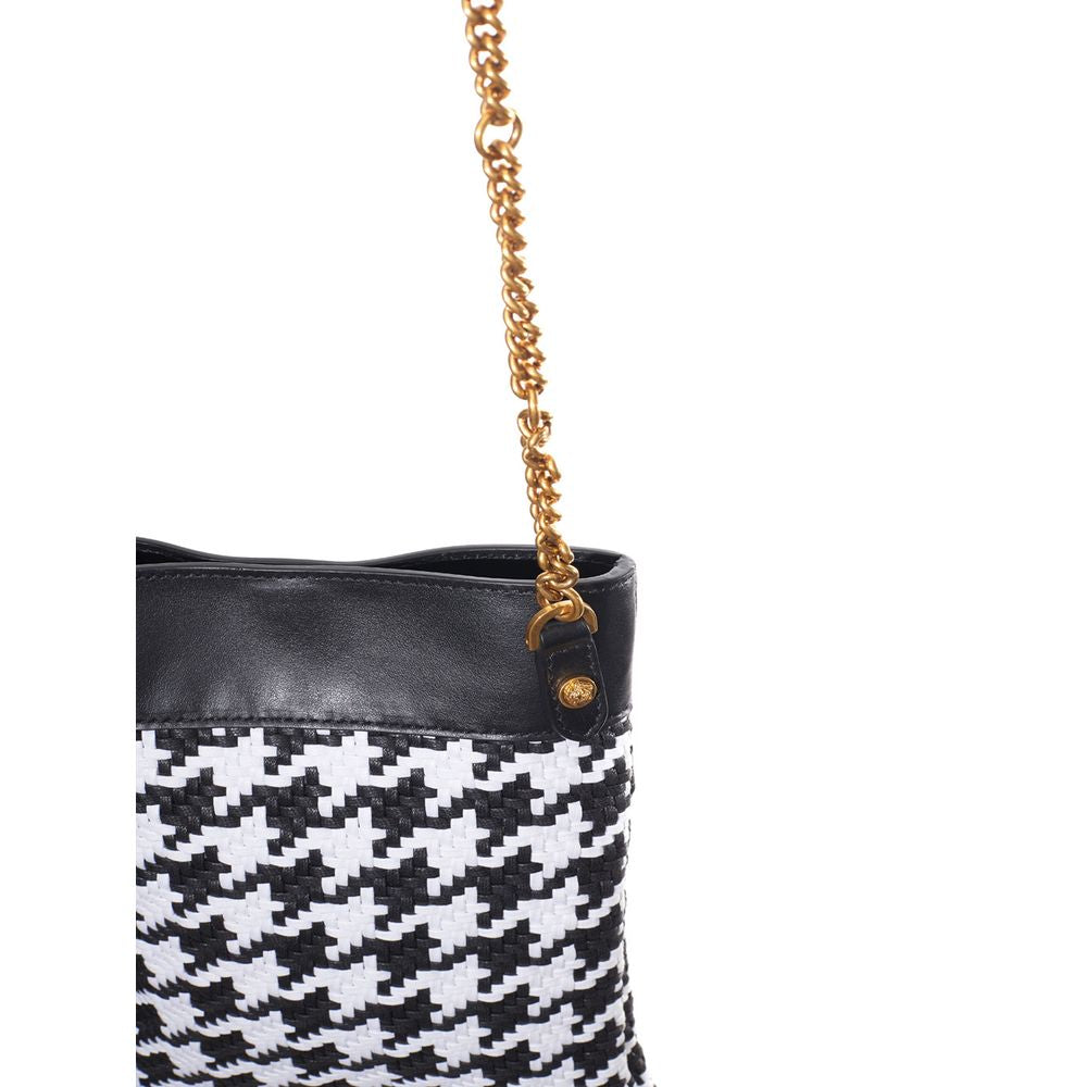 Small Shoulder Bag by Versace for women in leather & textile black, gold & white presents a statuesque silhouette, showcasing a secure and statuesque internal-pockets with versatile shoulder-strap for a sophisticated look.