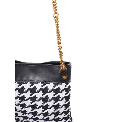 Small Shoulder Bag by Versace for women in leather & textile black, gold & white presents a statuesque silhouette, showcasing a secure and statuesque internal-pockets with versatile shoulder-strap for a sophisticated look.