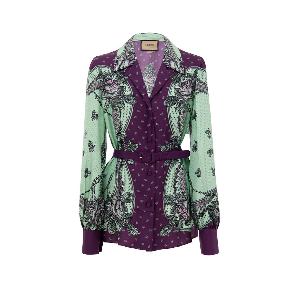 Shirt by Gucci for women in silk mint-green, purple, patterned, floral & print features an architectural silhouette with a refined long-sleeve and elegant v-neck neckline for a architectural look.