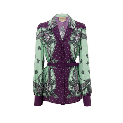 Shirt by Gucci for women in silk mint-green, purple, patterned, floral & print features an architectural silhouette with a refined long-sleeve and elegant v-neck neckline for a architectural look.