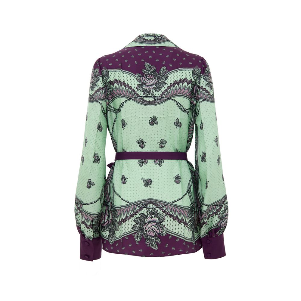 Shirt by Gucci for women in silk mint-green, purple, patterned, floral & print features an polished silhouette, showcasing a sophisticated v-neck neckline and detail for a truly polished finish.