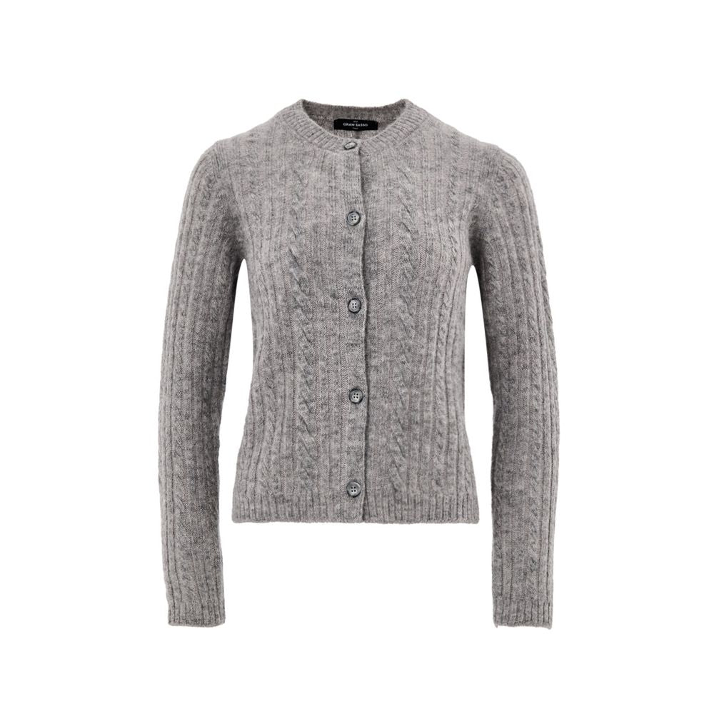 Cardigan by Gran Sasso for women in virgin alpaca wool gray features a dramatic silhouette, showcasing a sophisticated mandarin neckline and dramatic detail for a timeless, premium look.