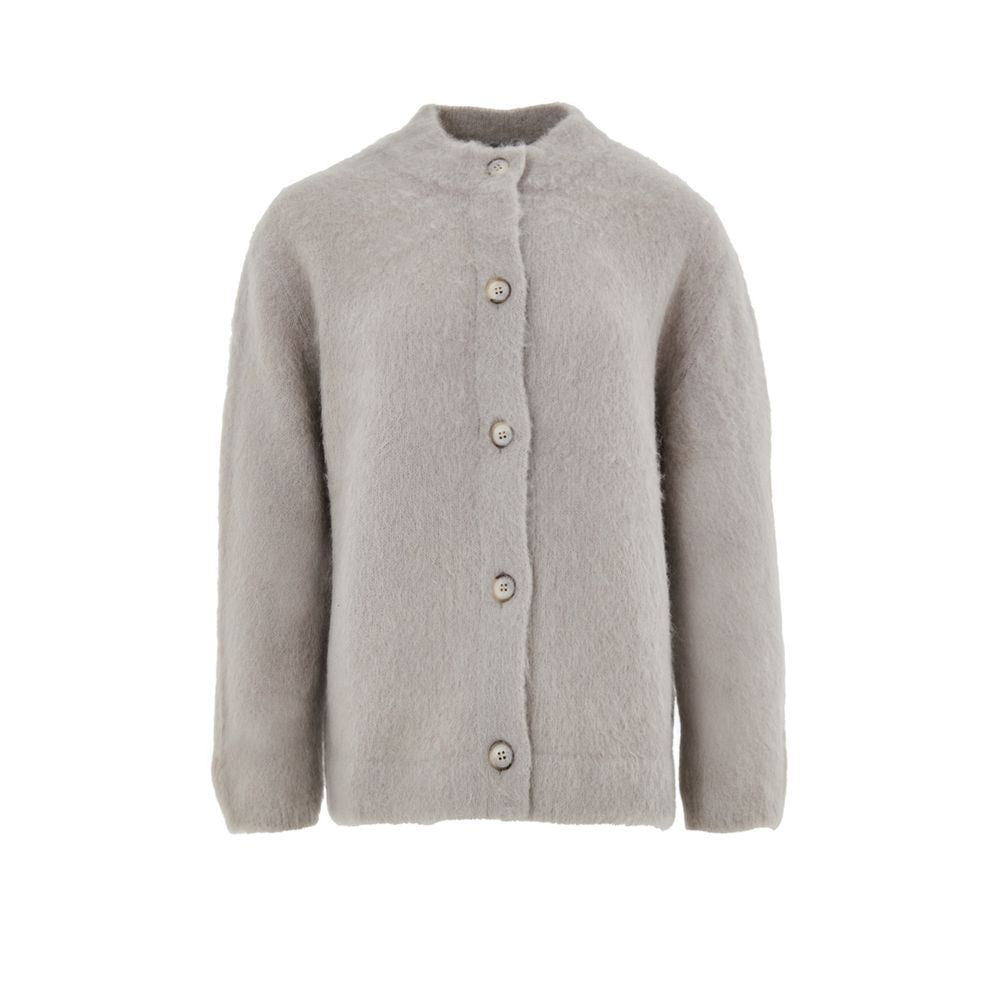 Cardigan by Gran Sasso for women in virgin alpaca wool beige & gray features a nuanced silhouette with a refined mandarin neckline and nuanced detailing for a sophisticated look.