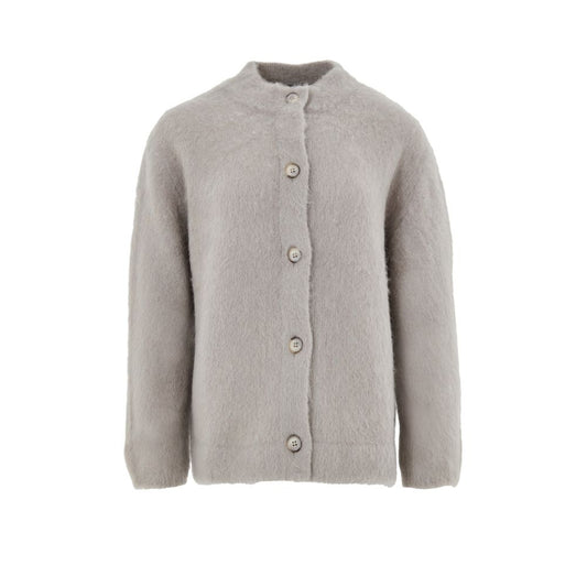 Cardigan by Gran Sasso for women in virgin alpaca wool beige & gray features a nuanced silhouette with a refined mandarin neckline and nuanced detailing for a sophisticated look.