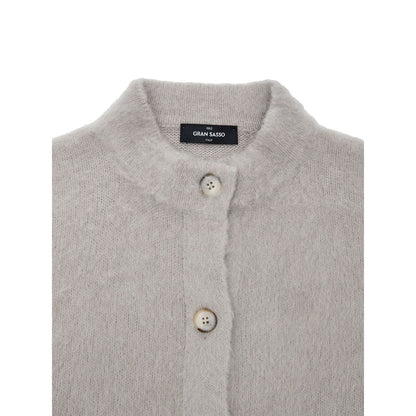 Cardigan by Gran Sasso for women in virgin alpaca wool beige & gray features a dramatic silhouette, showcasing a sophisticated mandarin neckline and dramatic detail for a timeless, premium look.