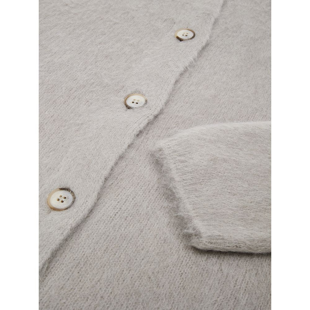 Cardigan by Gran Sasso for women in virgin alpaca wool beige & gray features an crisp silhouette, showcasing a sophisticated mandarin neckline and detail for a truly crisp finish.