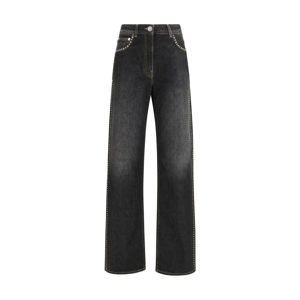 Jeans by Versace for women in cotton denim black presents a tailored silhouette, showcasing a tailored straight-leg & regular-fit and long cut with a refined for a truly tailored aesthetic.