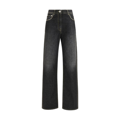 Jeans by Versace for women in cotton denim black presents a tailored silhouette, showcasing a tailored straight-leg & regular-fit and long cut with a refined for a truly tailored aesthetic.
