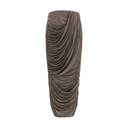 Skirt by Magda Butrym for women in cupro & silk brown & copper showcases a sultry silhouette, elegantly defined by its midi and the sophisticated sultry design of the Women's Gathered Cupro & Silk Midi Skirt.