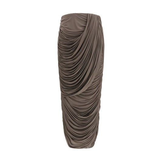 Skirt by Magda Butrym for women in cupro & silk brown & copper showcases a sultry silhouette, elegantly defined by its midi and the sophisticated sultry design of the Women's Gathered Cupro & Silk Midi Skirt.