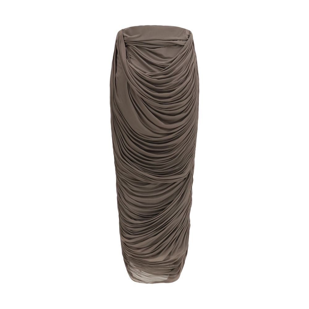 Skirt by Magda Butrym for women in cupro & silk brown & copper features an tailored silhouette, artfully capturing the essence of Women's Gathered Cupro & Silk Midi Skirt in a sophisticated midi.