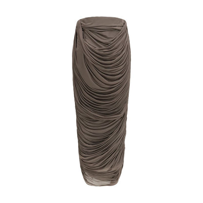 Skirt by Magda Butrym for women in cupro & silk brown & copper features an tailored silhouette, artfully capturing the essence of Women's Gathered Cupro & Silk Midi Skirt in a sophisticated midi.