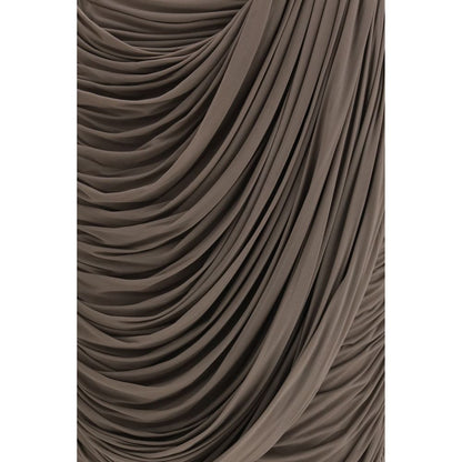 Skirt by Magda Butrym for women in cupro & silk brown & copper features a sublime silhouette, showcasing the sublime design of the Women's Gathered Cupro & Silk Midi Skirt in a sophisticated midi.