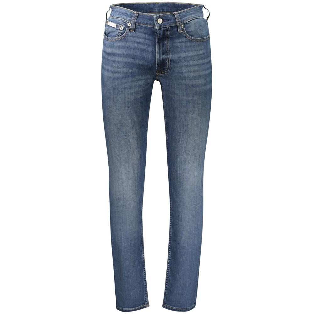 Jeans by Calvin Klein for men in stretch denim cotton blue features a refined silhouette with a refined slim, defined by a and a refined long for a refined finish.