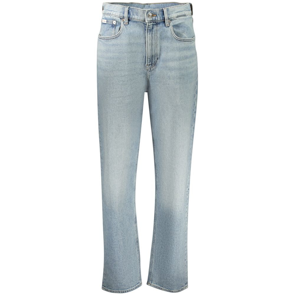 Jeans by Calvin Klein for women in stretch denim cotton azzurro features a refined silhouette with a refined relaxed-fit, defined by a high rise and a refined long for a refined finish.