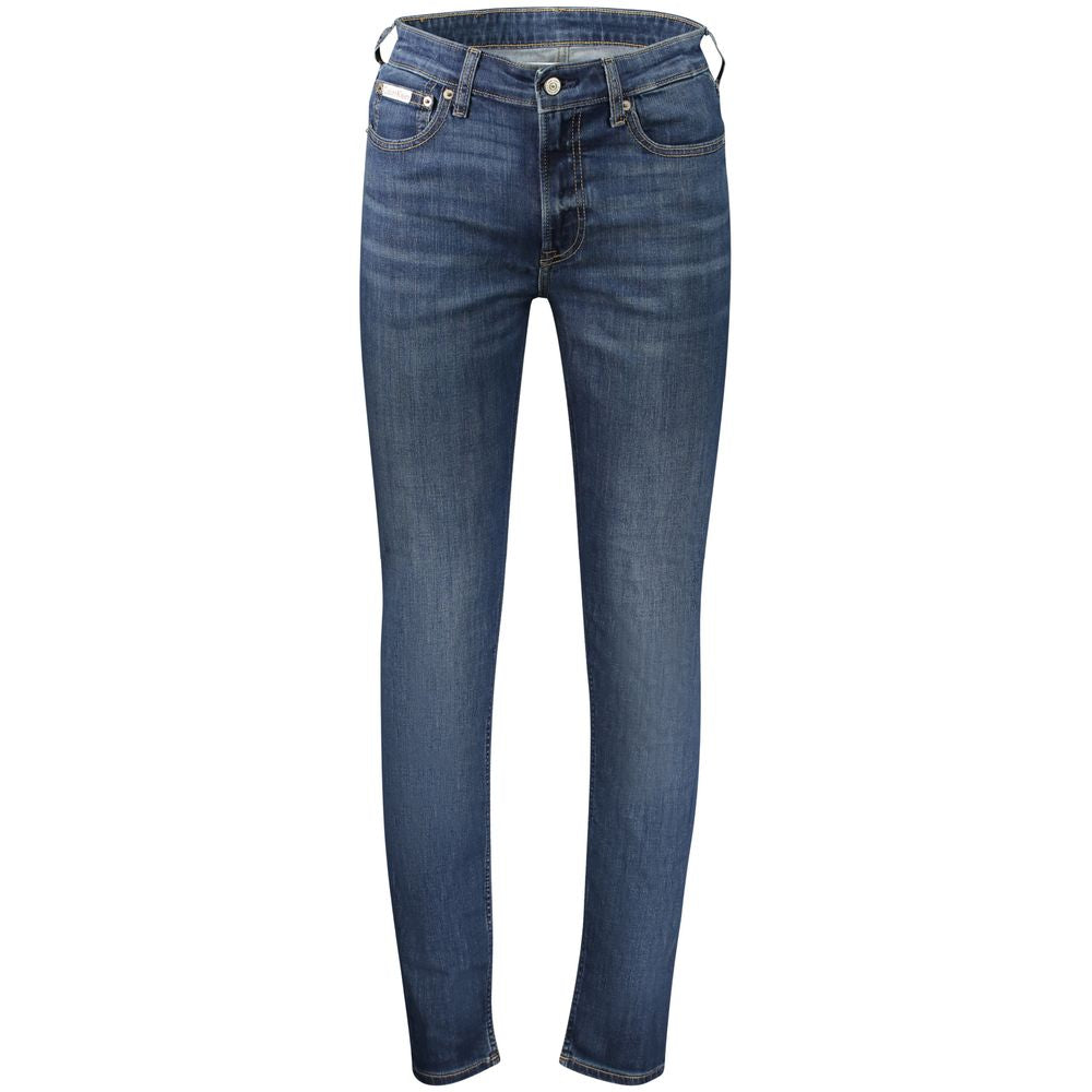 Jeans by Calvin Klein for men in stretch denim cotton blue features an sartorial slim and long with a cut for a sartorial finish.