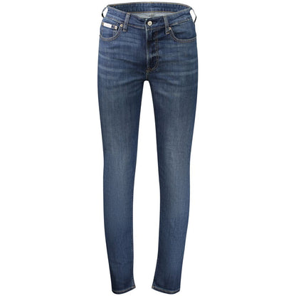 Jeans by Calvin Klein for men in stretch denim cotton blue features an sartorial slim and long with a cut for a sartorial finish.