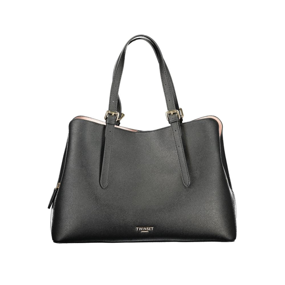 Tote Handbag by Twinset for women in polyurethane black & signature features a refined silhouette, showcasing a secure snap & zipper, organized built-in-compartments, and versatile adjustable-strap & handle for a refined finish.